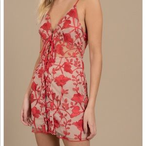 TOBI Cut Ties Red & Nude Lace Up Bodycon Dress
